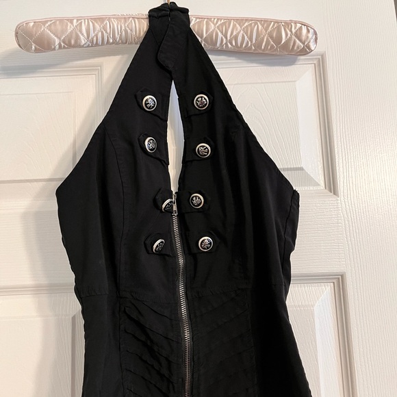 Black zip front backless halter top. military button details. Stretch fabric. - Picture 14 of 16